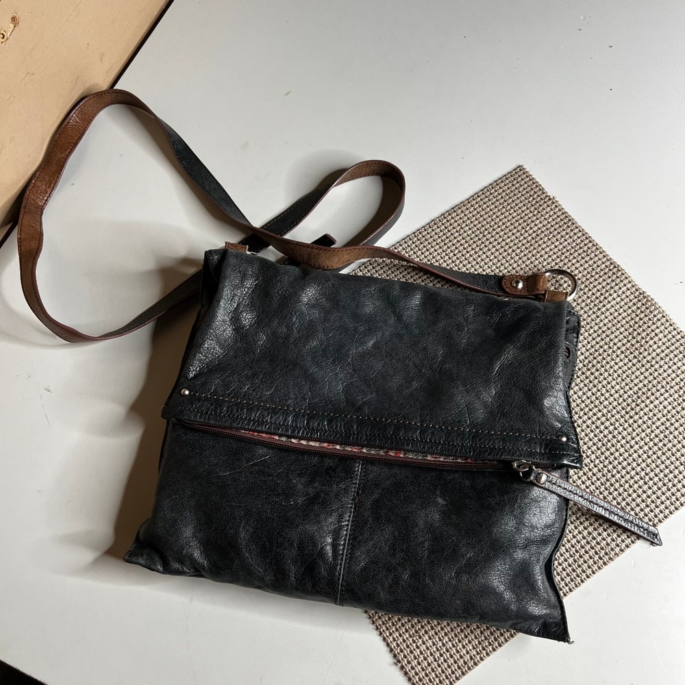 Hobo The Original Distressed Black Leather Foldover Crossbody Bag Brown Trim